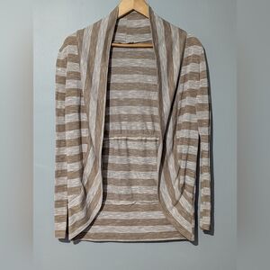 Women's Sz Large Open Front Striped Tan and Cream Women's Cardigan Sweater